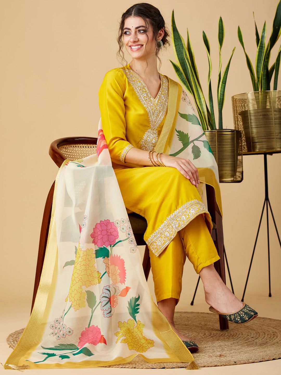 Party Wear Yellow Color Chinon Viscose With Work Designer Kurta Set
