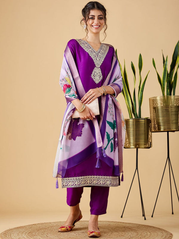 Party Wear Purple Color Chinon Viscose With Work Designer Kurta Set