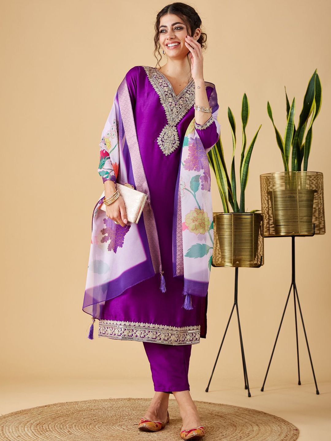 Party Wear Purple Color Chinon Viscose With Work Designer Kurta Set