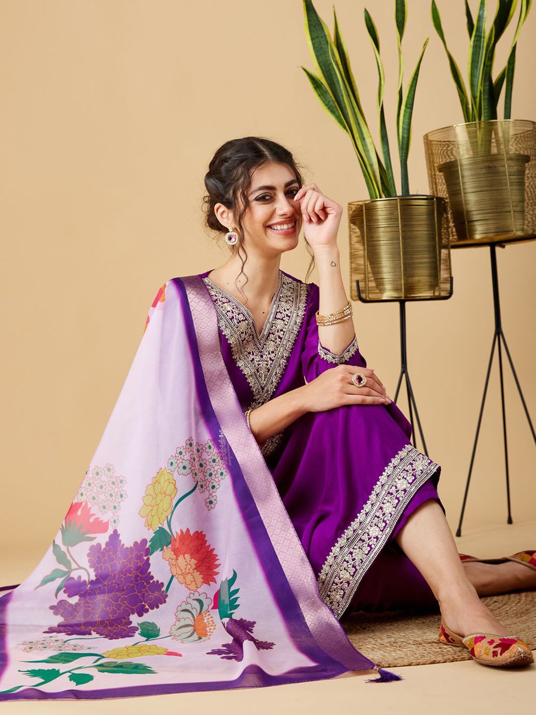 Party Wear Purple Color Chinon Viscose With Work Designer Kurta Set