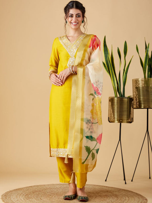 Party Wear Yellow Color Chinon Viscose With Work Designer Kurta Set