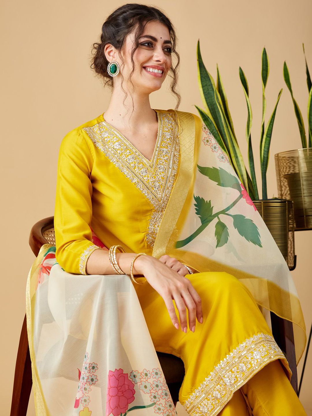 Party Wear Yellow Color Chinon Viscose With Work Designer Kurta Set