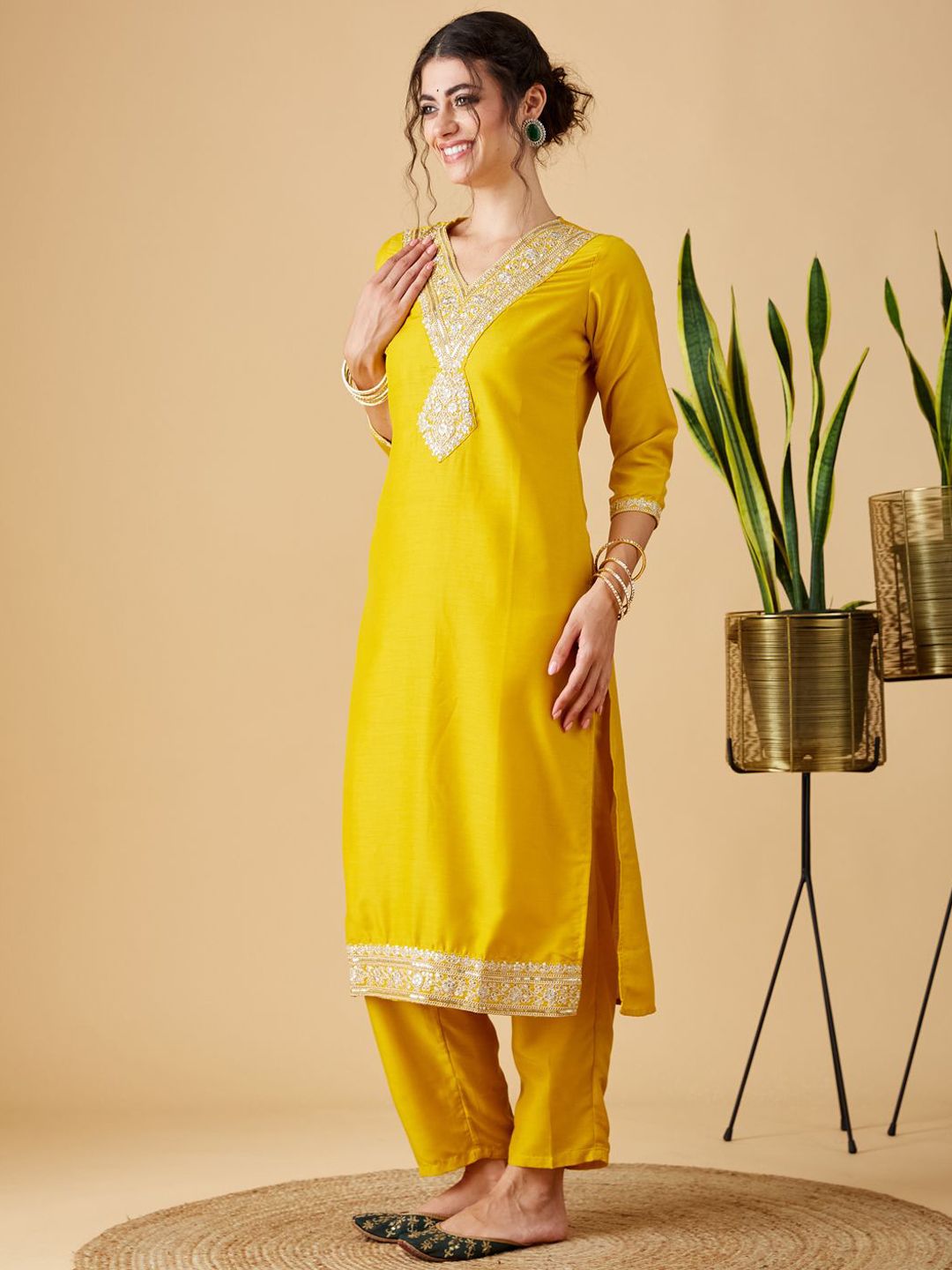 Party Wear Yellow Color Chinon Viscose With Work Designer Kurta Set