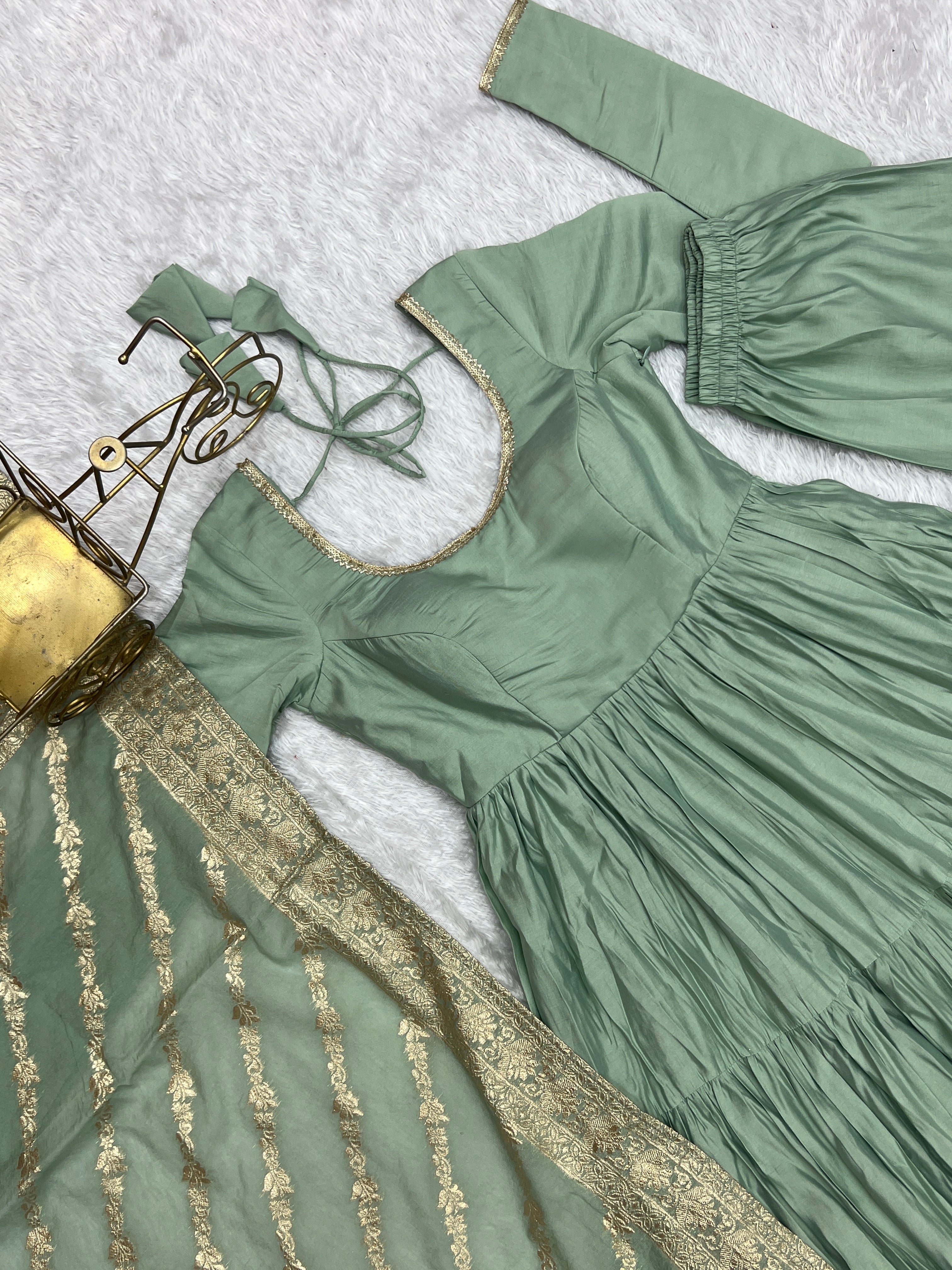 Charming Pista Color Pure Roman Silk Chanderi Fabric Fully Flair Anarkali Gown With Dupatta