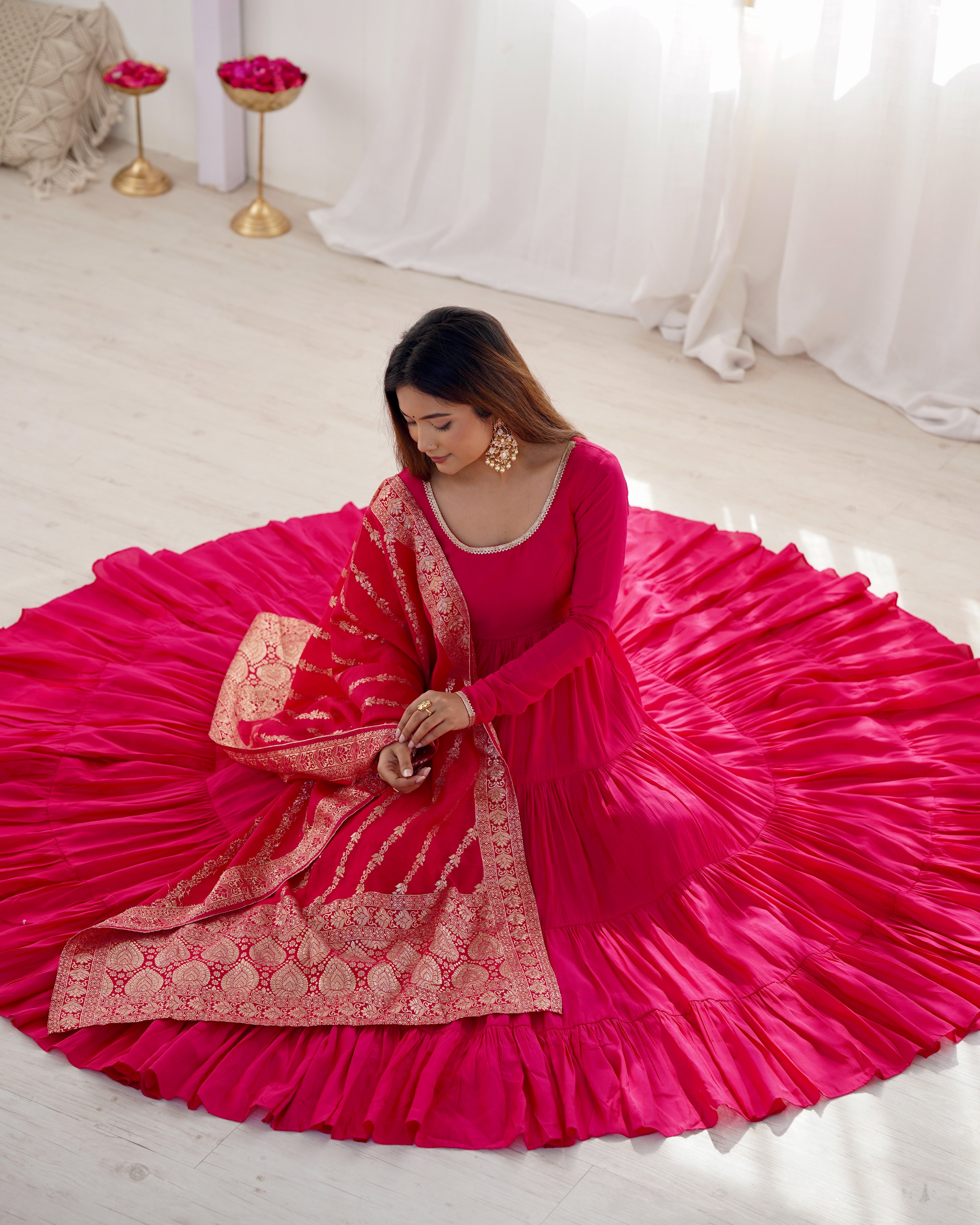 Elegant Pink Color Pure Roman Silk Chanderi Fabric Fully Flair Anarkali Gown With Dupatta