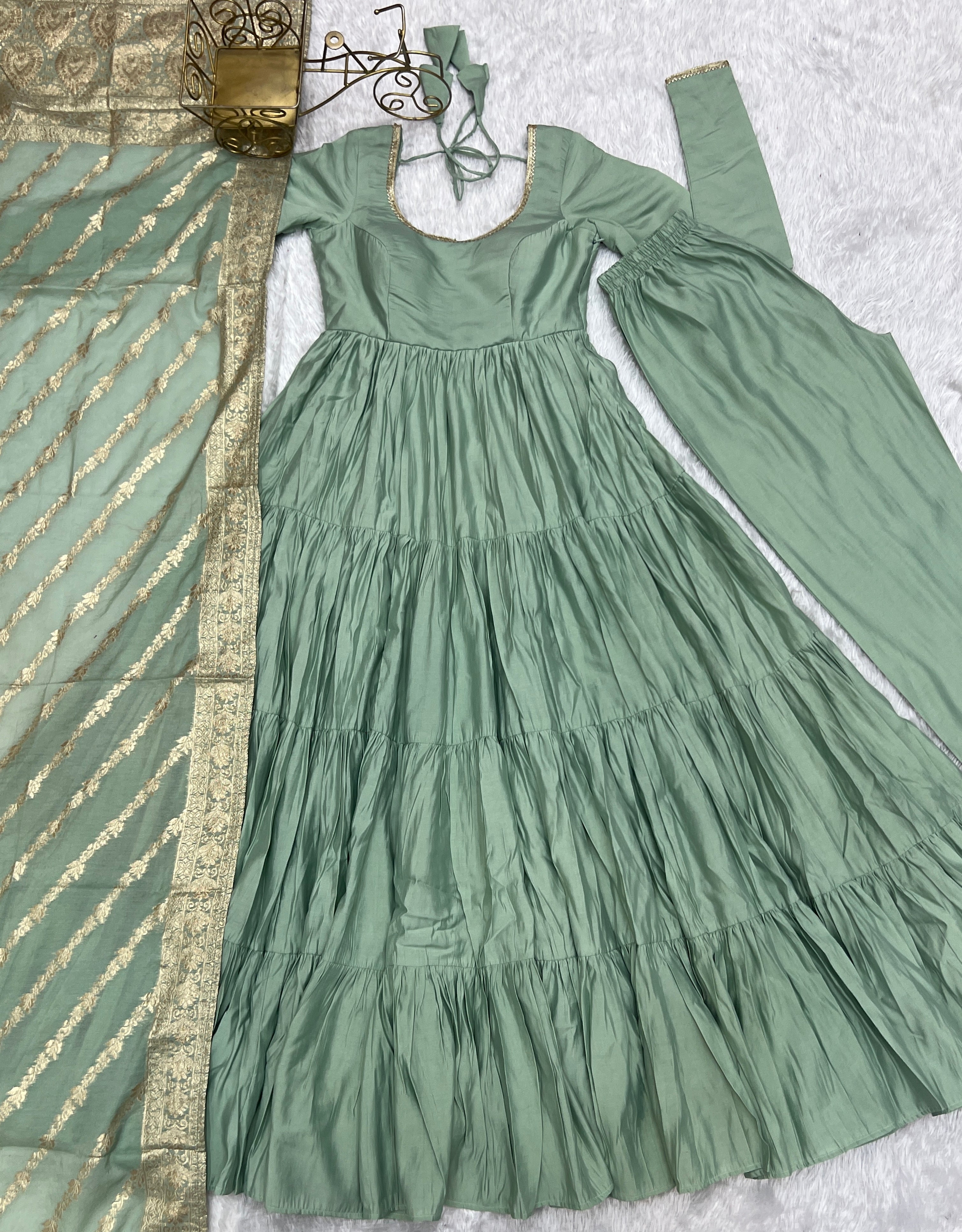 Charming Pista Color Pure Roman Silk Chanderi Fabric Fully Flair Anarkali Gown With Dupatta
