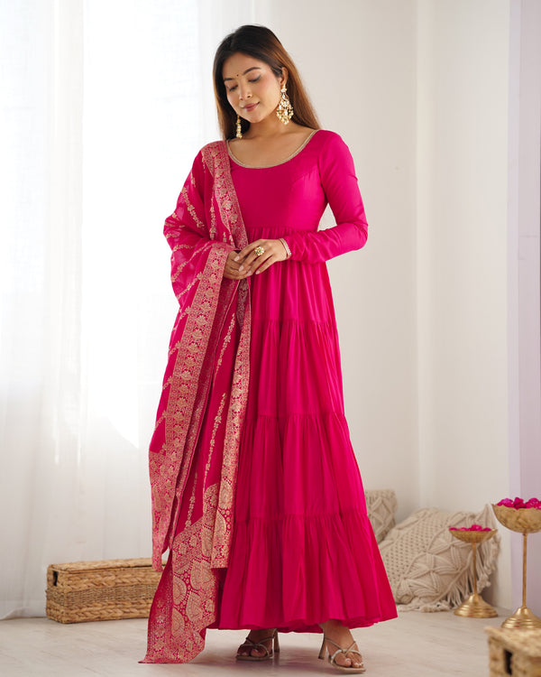 Elegant Pink Color Pure Roman Silk Chanderi Fabric Fully Flair Anarkali Gown With Dupatta