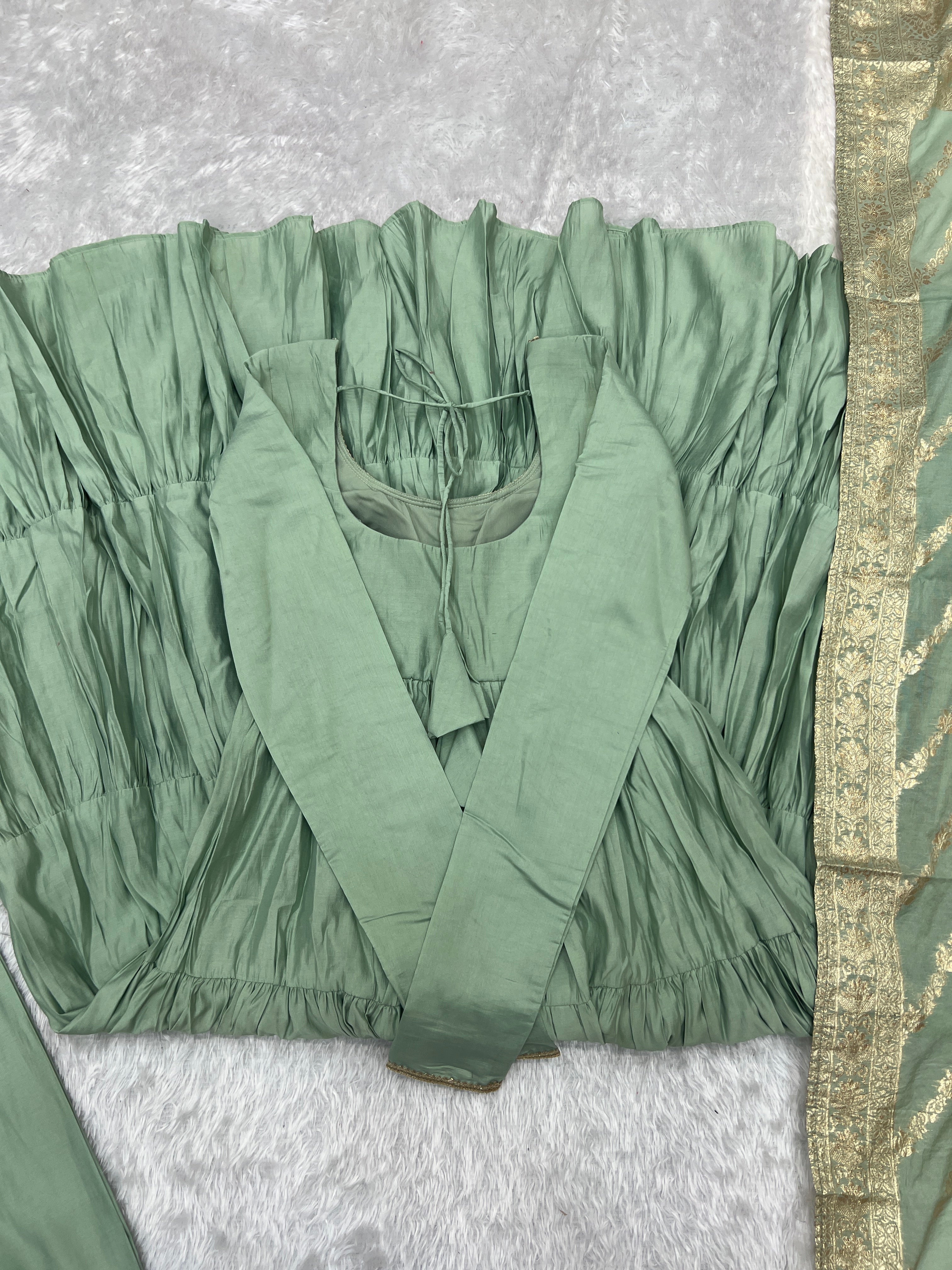 Charming Pista Color Pure Roman Silk Chanderi Fabric Fully Flair Anarkali Gown With Dupatta