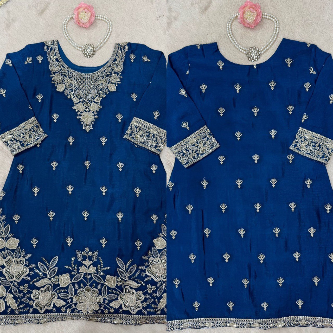 Wedding Wear Blue Color Heavy Chinon Thread With Sequence Work Sharara Suit