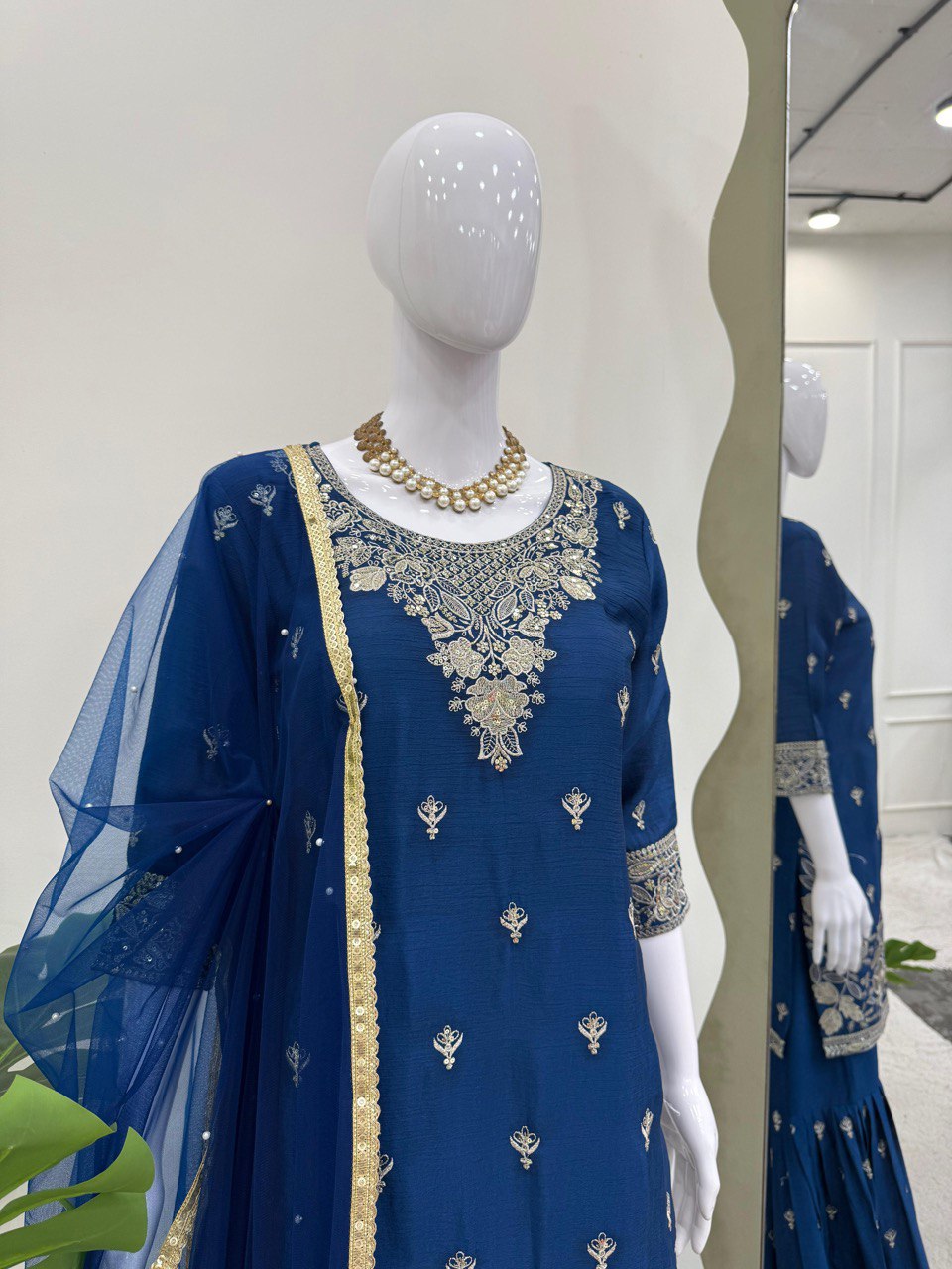 Wedding Wear Blue Color Heavy Chinon Thread With Sequence Work Sharara Suit