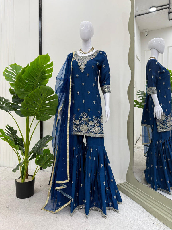 Wedding Wear Blue Color Heavy Chinon Thread With Sequence Work Sharara Suit