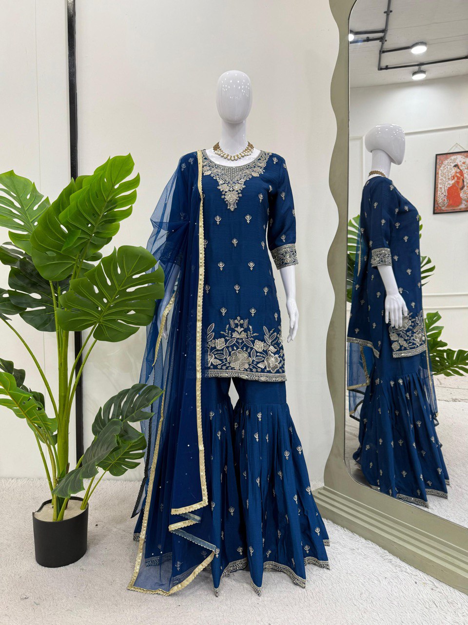 Wedding Wear Blue Color Heavy Chinon Thread With Sequence Work Sharara Suit
