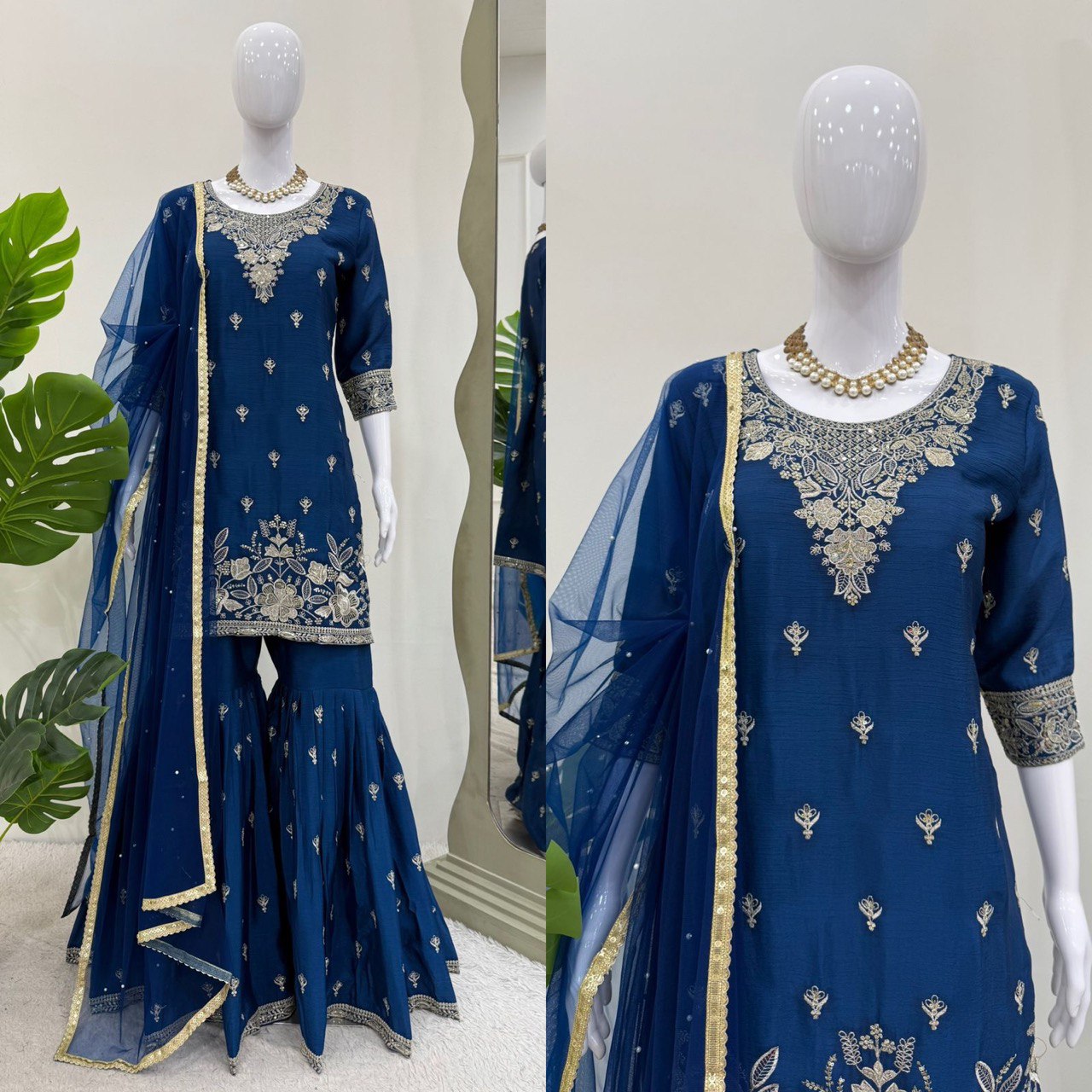 Wedding Wear Blue Color Heavy Chinon Thread With Sequence Work Sharara Suit