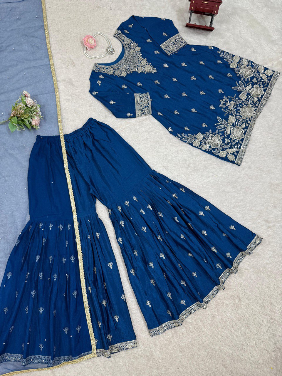 Wedding Wear Blue Color Heavy Chinon Thread With Sequence Work Sharara Suit