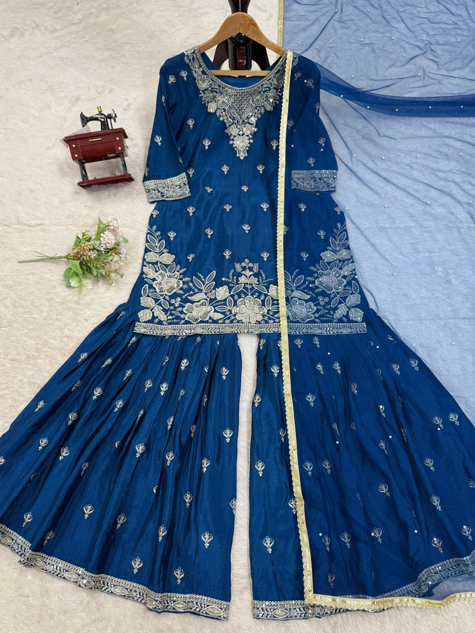 Wedding Wear Blue Color Heavy Chinon Thread With Sequence Work Sharara Suit