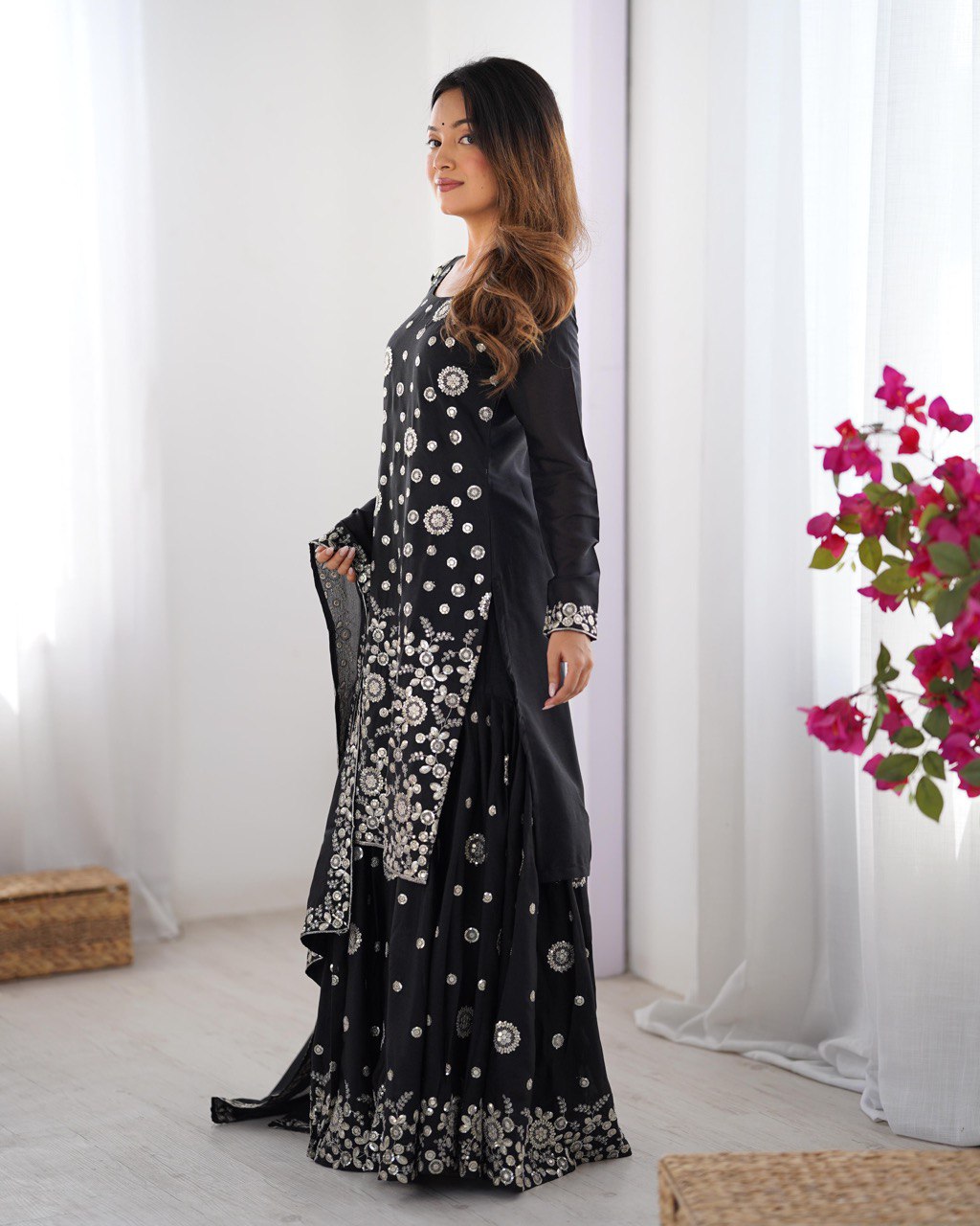 Wedding Wear Black Star Georgette Thread With Sequence Work Sharara Suit