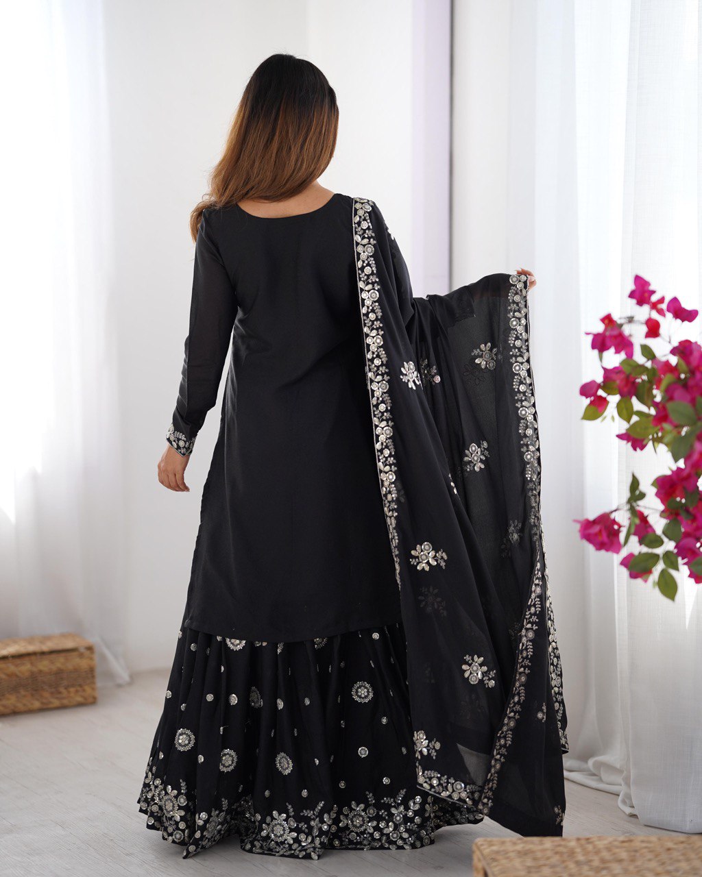 Wedding Wear Black Star Georgette Thread With Sequence Work Sharara Suit