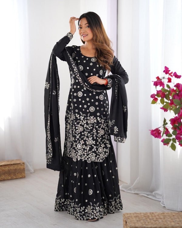 Wedding Wear Black Star Georgette Thread With Sequence Work Sharara Suit