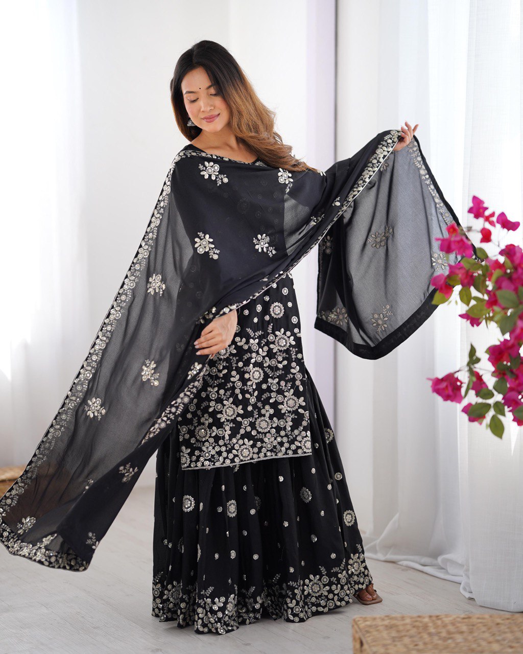Wedding Wear Black Star Georgette Thread With Sequence Work Sharara Suit