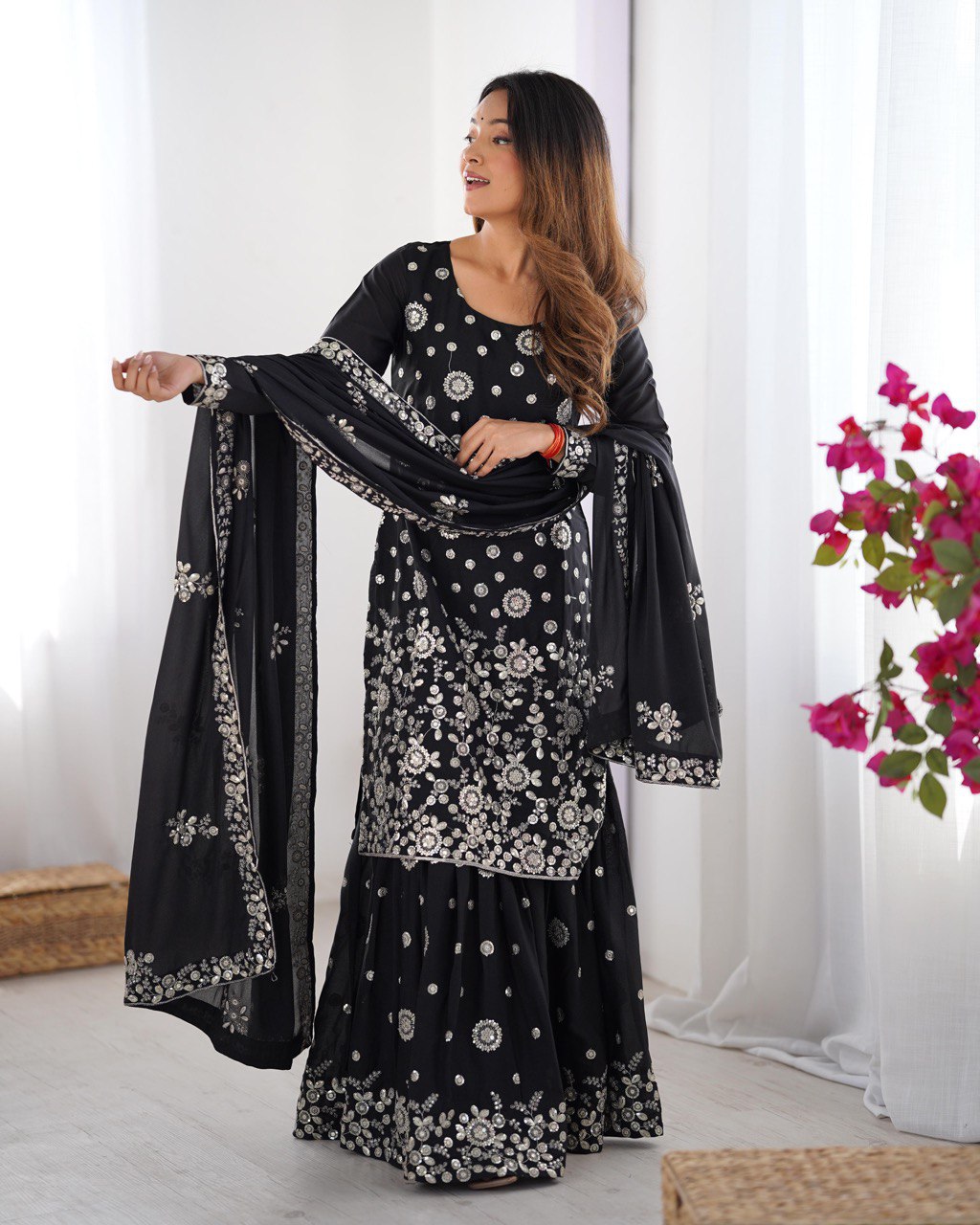 Wedding Wear Black Star Georgette Thread With Sequence Work Sharara Suit