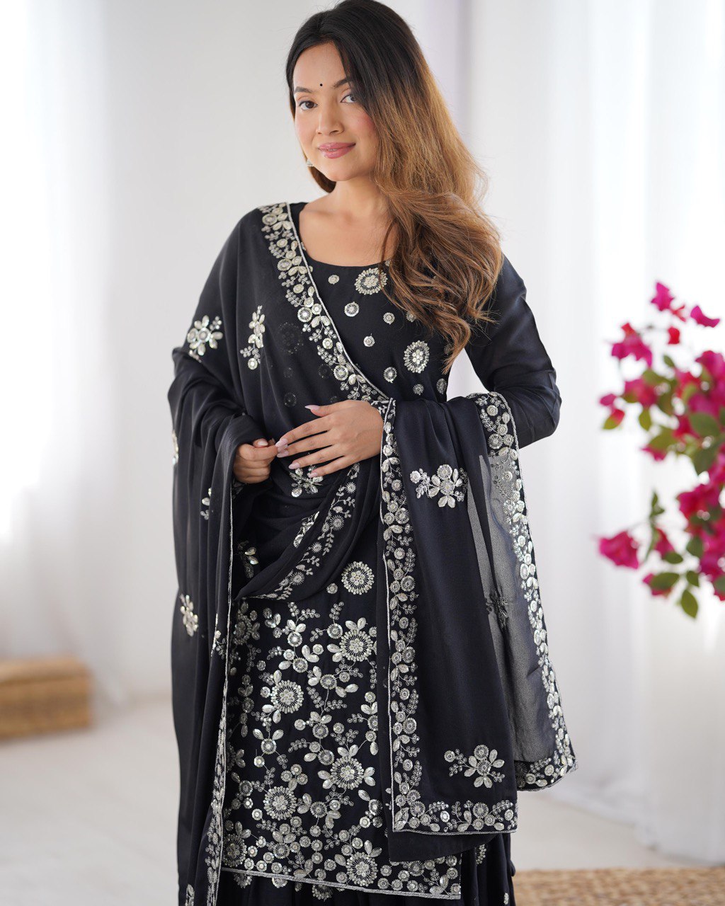 Wedding Wear Black Star Georgette Thread With Sequence Work Sharara Suit
