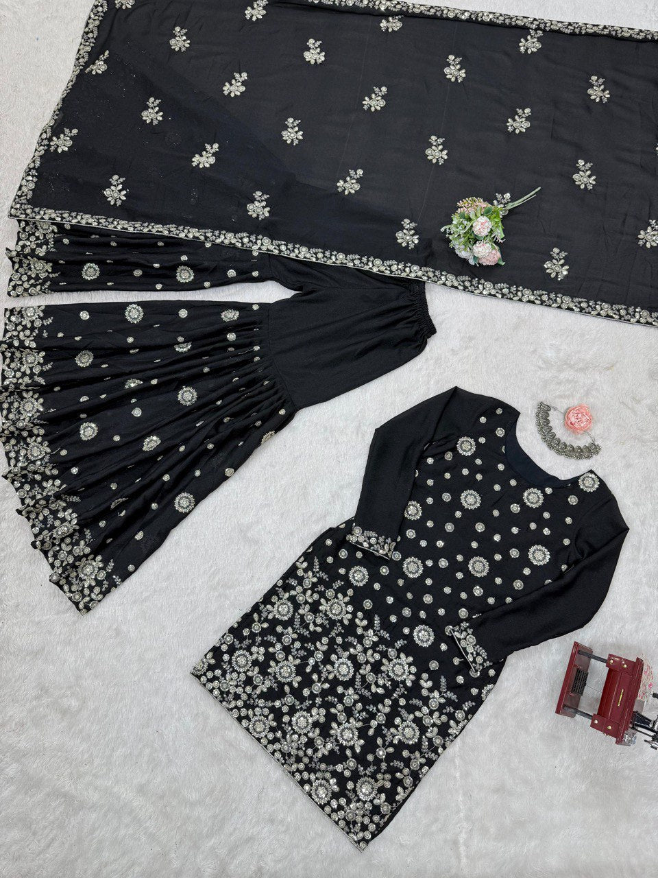 Wedding Wear Black Star Georgette Thread With Sequence Work Sharara Suit