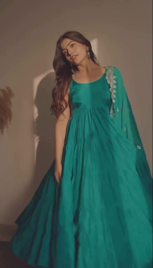 Graceful Aqua Blue Color Ruffle Anarkali Gown