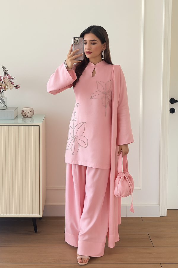 Gorgeous Light Pink Color Jharkhand Diamond Work Crepe Silk Suit Set – Fully Stitched Top, Farshi Pant & Dupatta