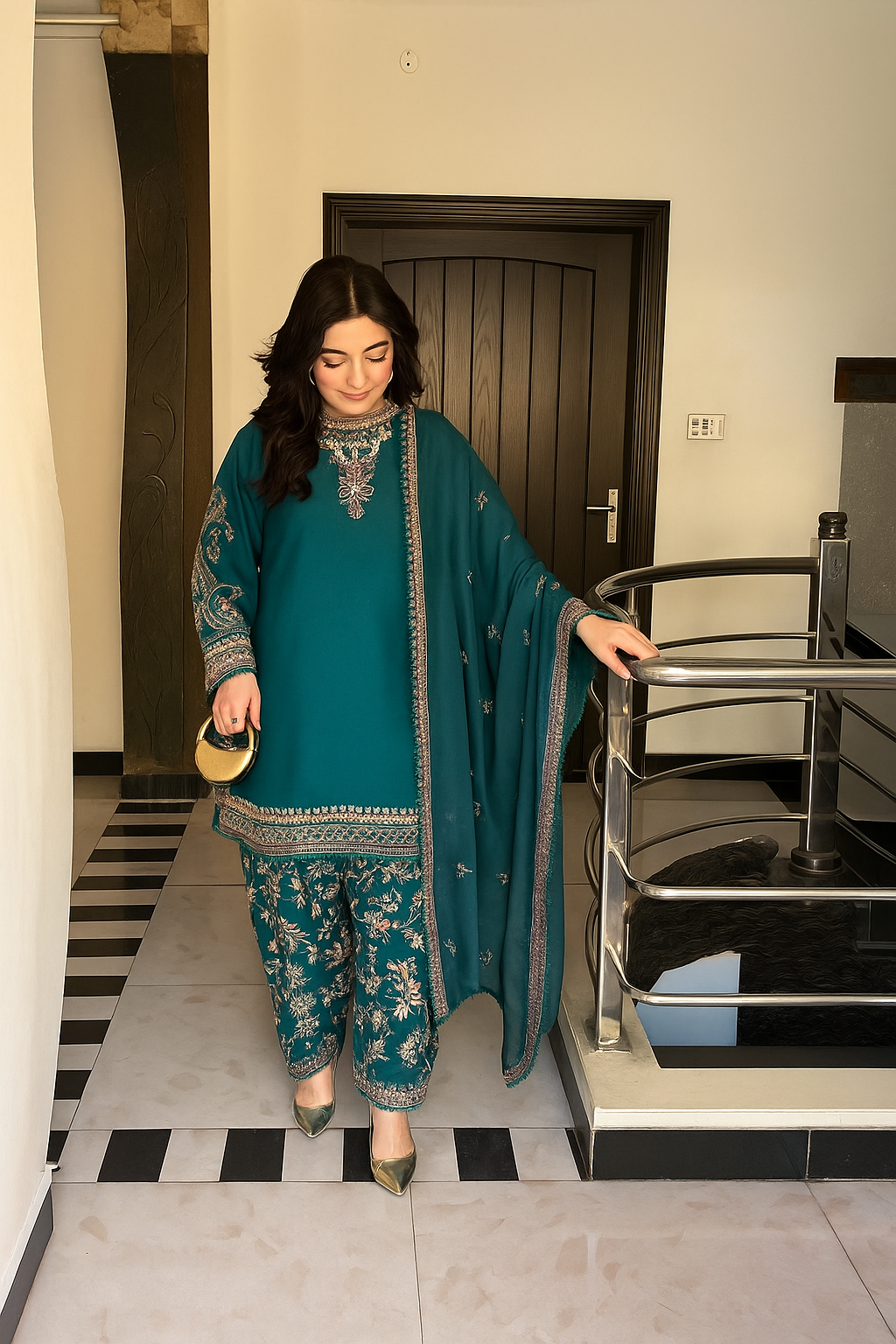 Designer Green Color Faux Georgette Panjabi Dhoti Suit Set with Embroidered Top & Dupatta