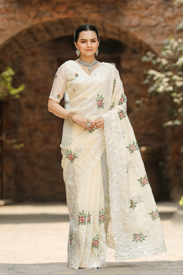 Marvelous Embroidory Cutwork Cream Saree