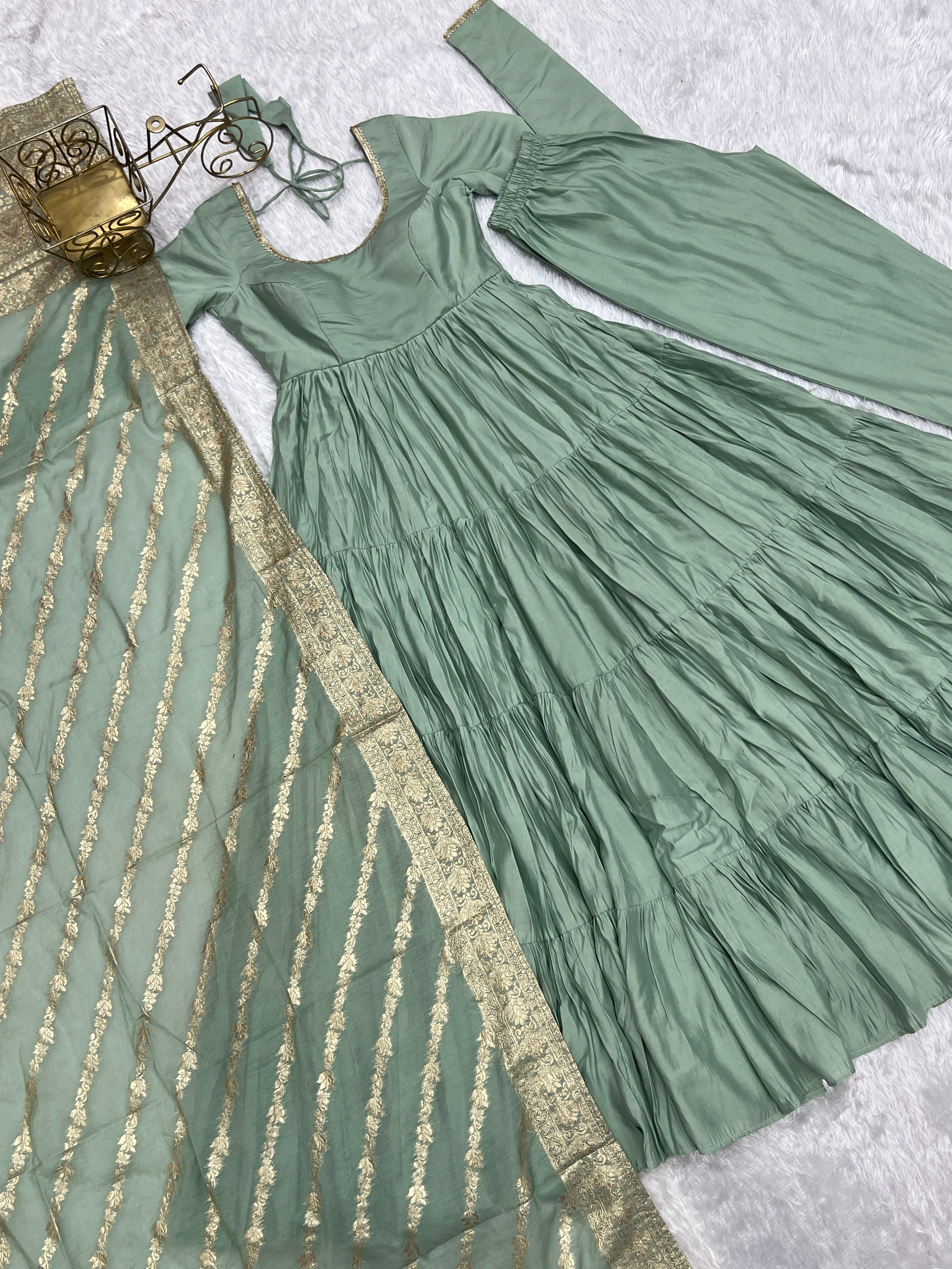 Charming Pista Color Pure Roman Silk Chanderi Fabric Fully Flair Anarkali Gown With Dupatta