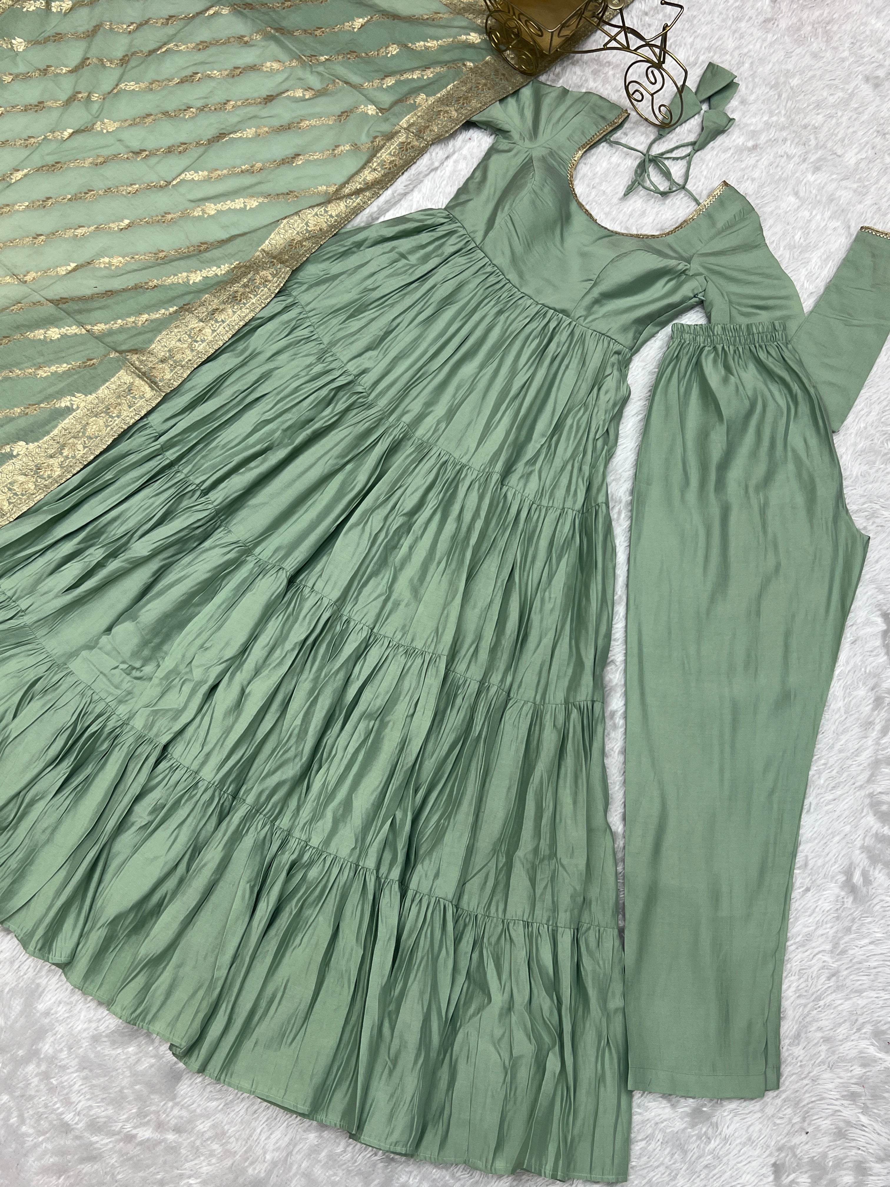 Charming Pista Color Pure Roman Silk Chanderi Fabric Fully Flair Anarkali Gown With Dupatta
