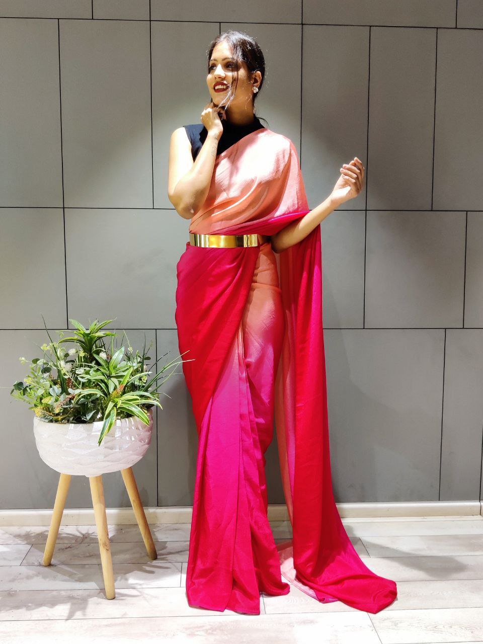 Elegant Ready To Wear Double Tone Pink Satin Saree