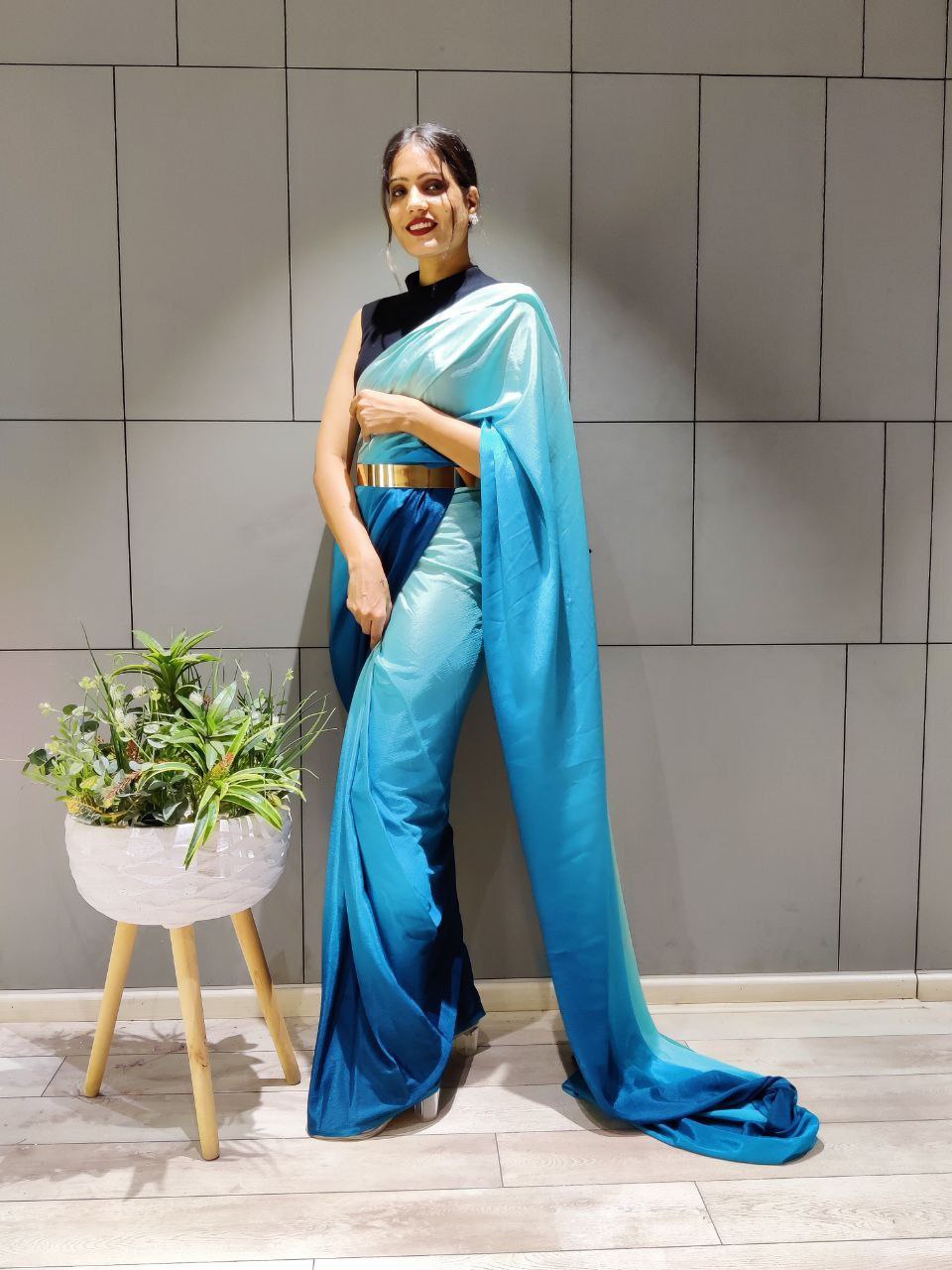 Elegant Ready To Wear Double Tone Sky Blue Satin Saree