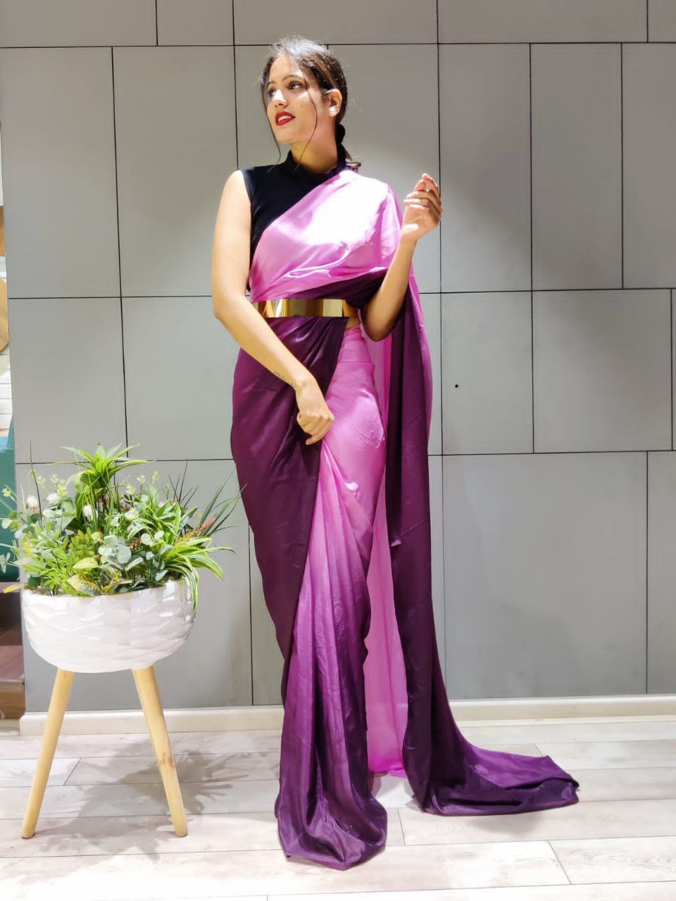 Elegant Ready To Wear Double Tone Wine Satin Saree