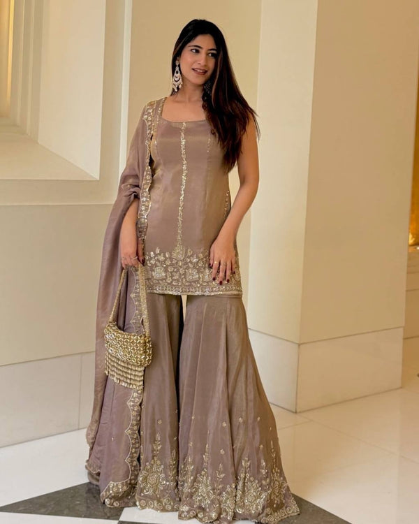 Wedding Wear Dusty Peach Color Natural Crepe Silk With Embroidery And Sequence Work Sharara Suit