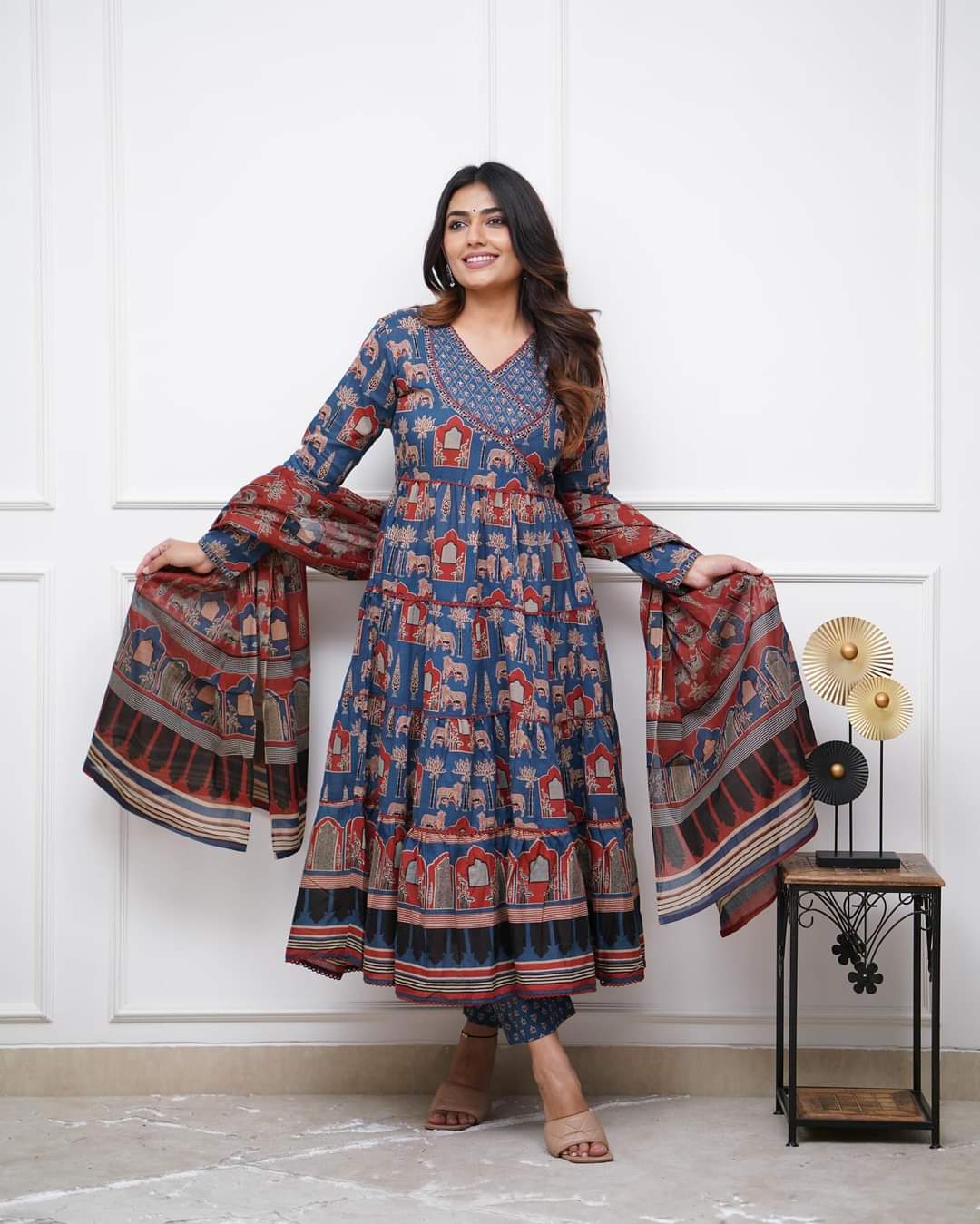 Glossy Blue Color Cotton Print With Embroidery Work Fulyl Length Kurta Set