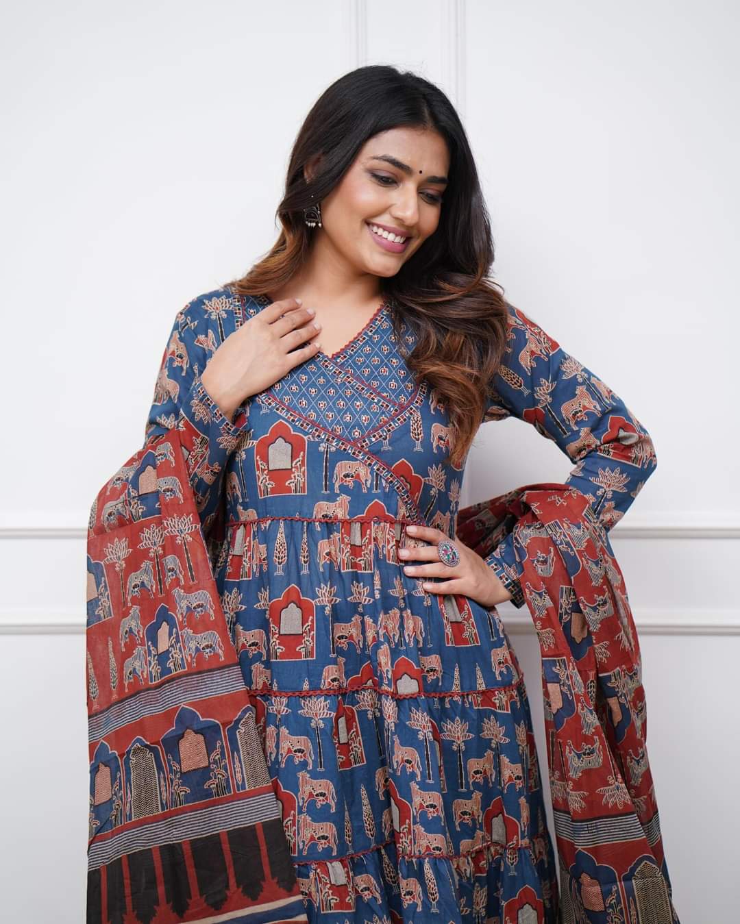Glossy Blue Color Cotton Print With Embroidery Work Fulyl Length Kurta Set