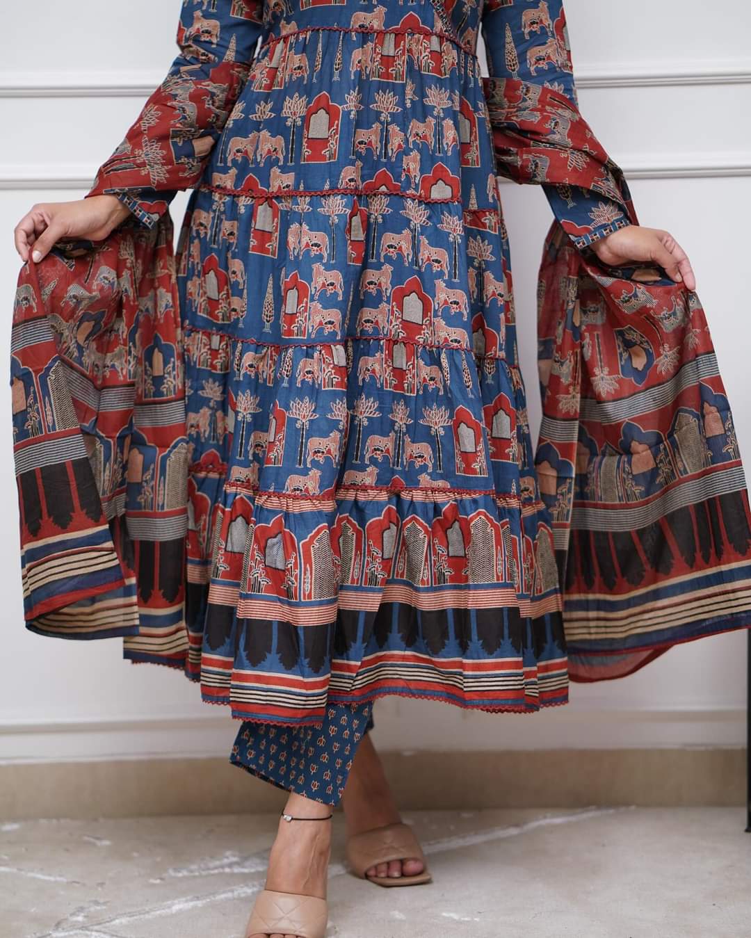 Glossy Blue Color Cotton Print With Embroidery Work Fulyl Length Kurta Set