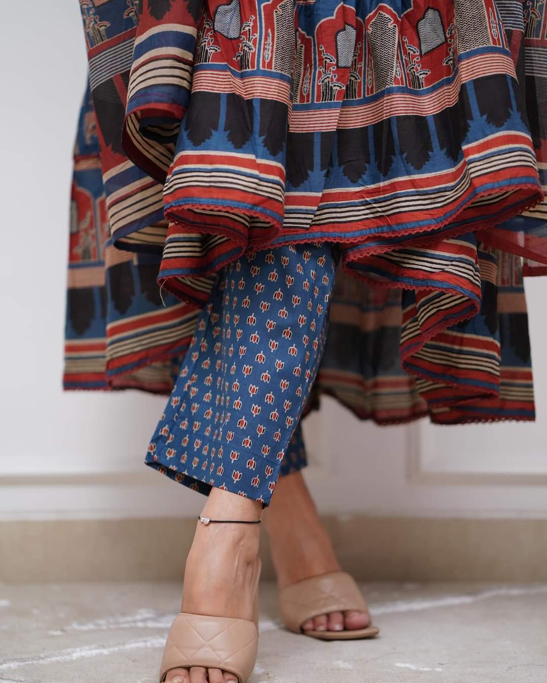 Glossy Blue Color Cotton Print With Embroidery Work Fulyl Length Kurta Set