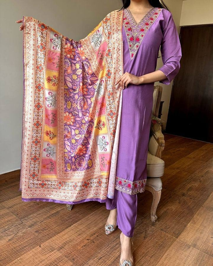 Luxuriant Lavendar Color Viscose Chanderi Slik Beautiful Kurta Set