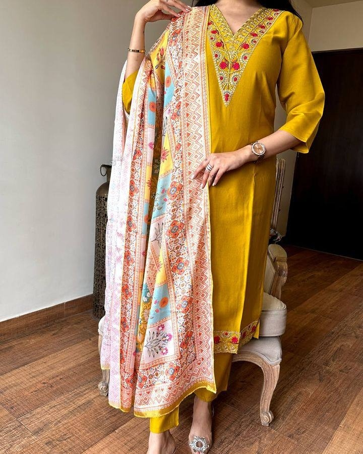 Luxuriant Mustard Color Viscose Chanderi Slik Beautiful Kurta Set