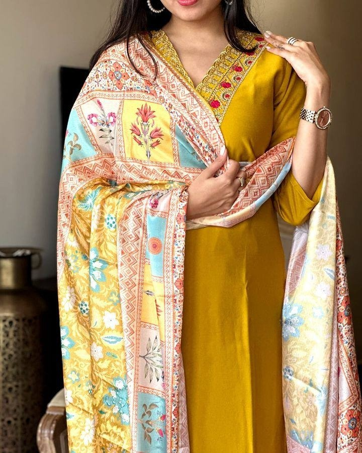 Luxuriant Mustard Color Viscose Chanderi Slik Beautiful Kurta Set