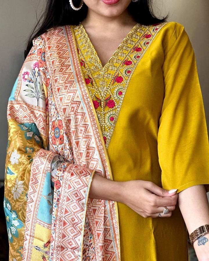 Luxuriant Mustard Color Viscose Chanderi Slik Beautiful Kurta Set