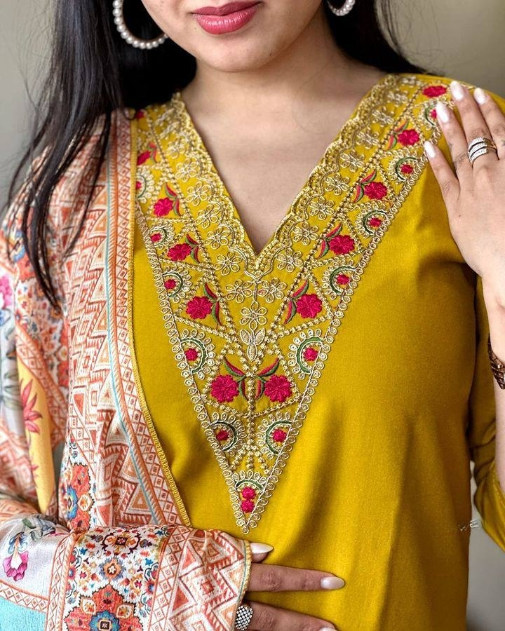 Luxuriant Mustard Color Viscose Chanderi Slik Beautiful Kurta Set