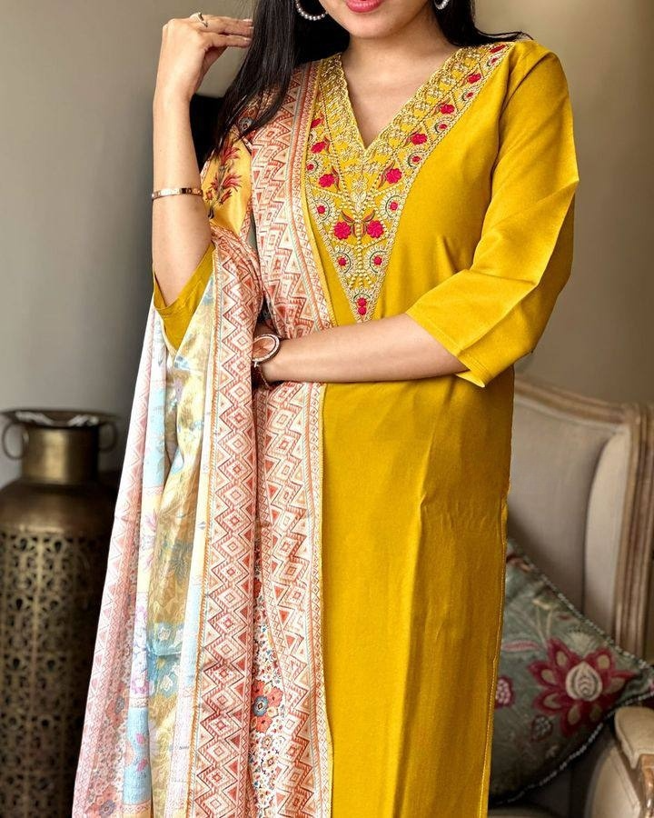 Luxuriant Mustard Color Viscose Chanderi Slik Beautiful Kurta Set