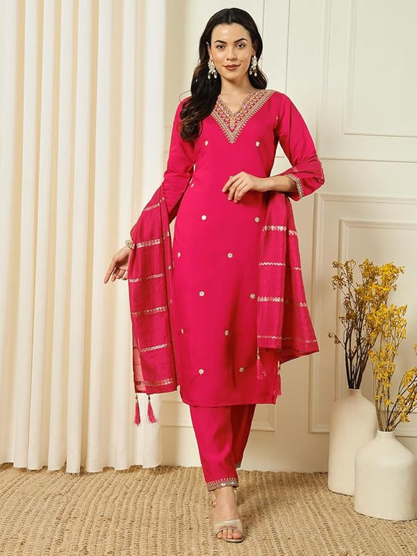 Mesmerizing Pink Color Chanderi Silk With Embroidery Work Kurta Set