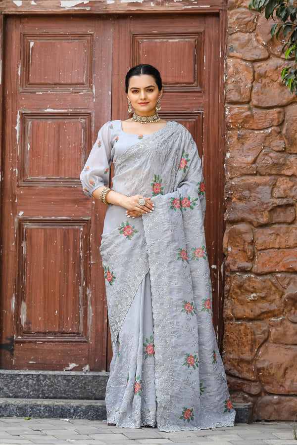 Marvelous Embroidory Cutwork Grey Saree