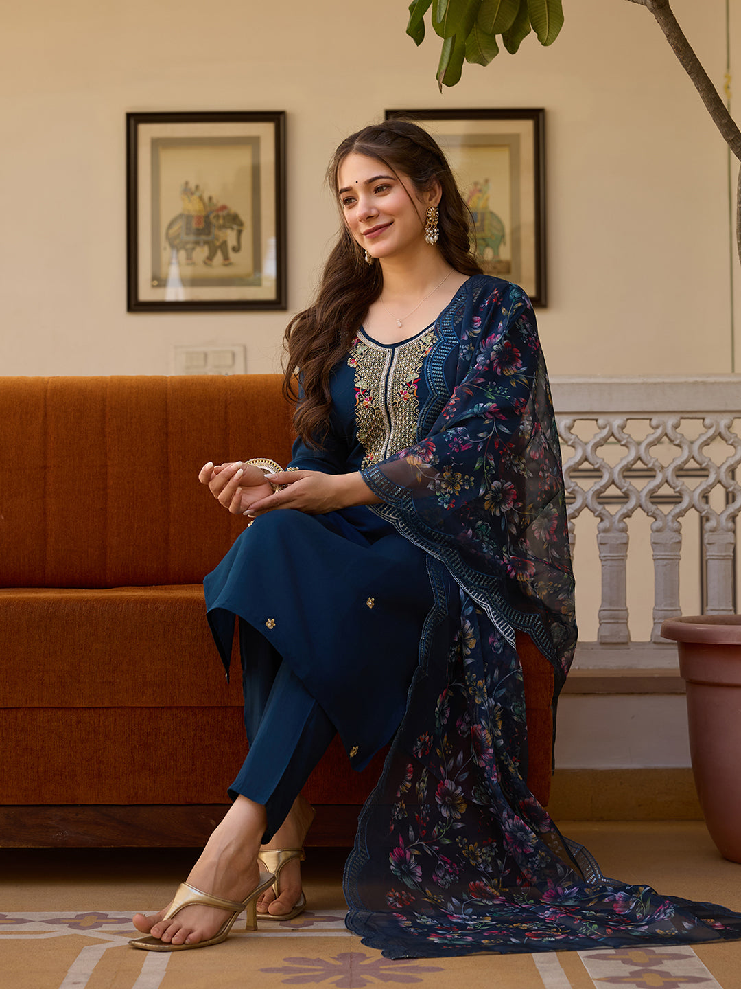 Wedding Wear Navy Blue Color Viscose Chanderi With Embroidered Beads Work Designer Kurta Set
