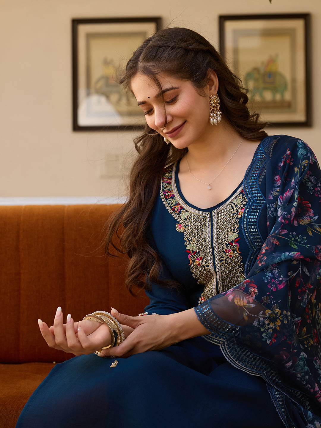 Wedding Wear Navy Blue Color Viscose Chanderi With Embroidered Beads Work Designer Kurta Set